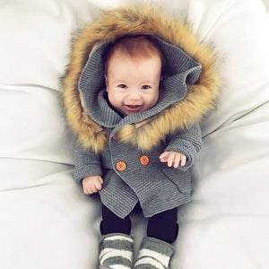 Premium Baby Fur Hooded Knit Cardigan Outwear for Kids 9M-3 Years